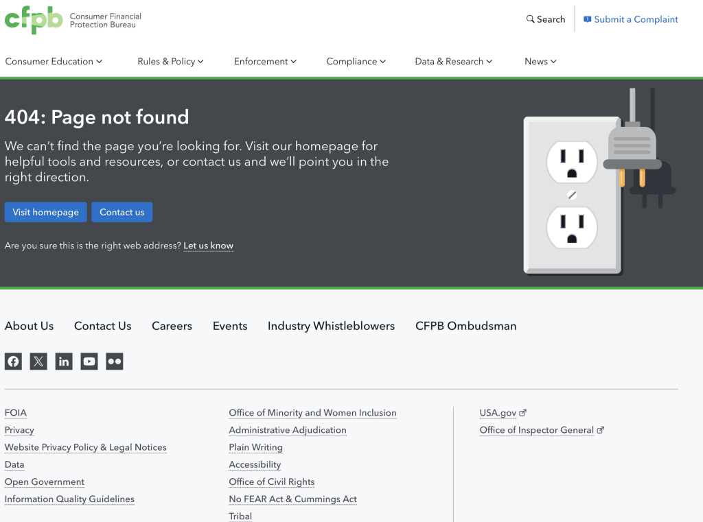 A message on the CFPB homepage reads "404: Page not found"